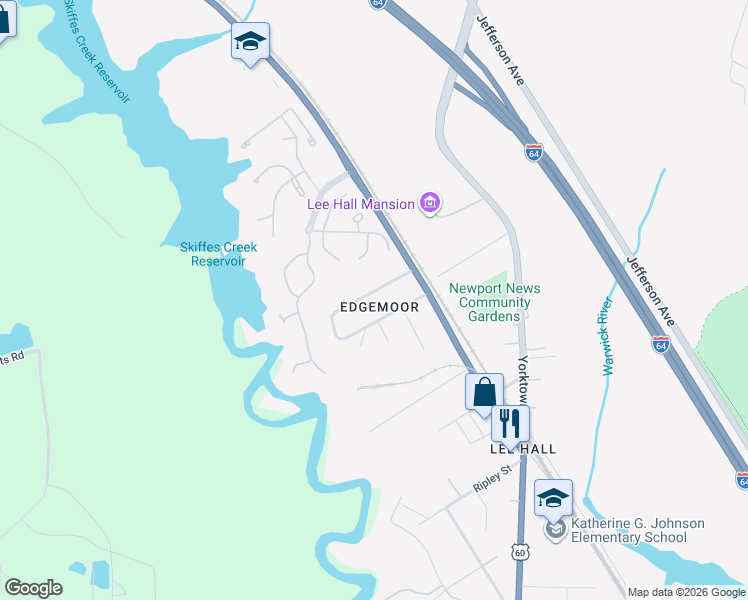 map of restaurants, bars, coffee shops, grocery stores, and more near 15 Edgemoor Dr in Newport News