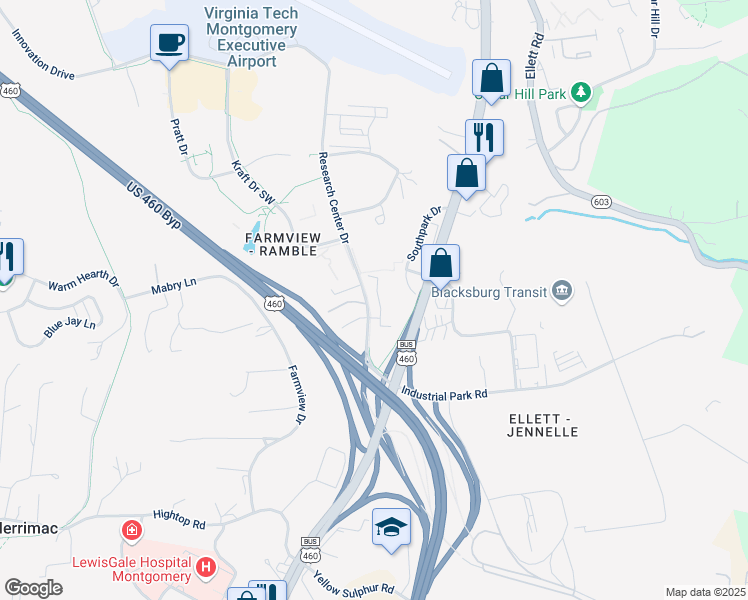 map of restaurants, bars, coffee shops, grocery stores, and more near 2426 Ridge Road in Blacksburg