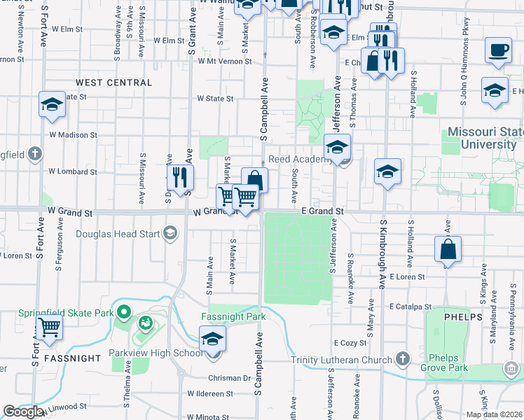 map of restaurants, bars, coffee shops, grocery stores, and more near S Campbell Ave & W Grand St in Springfield