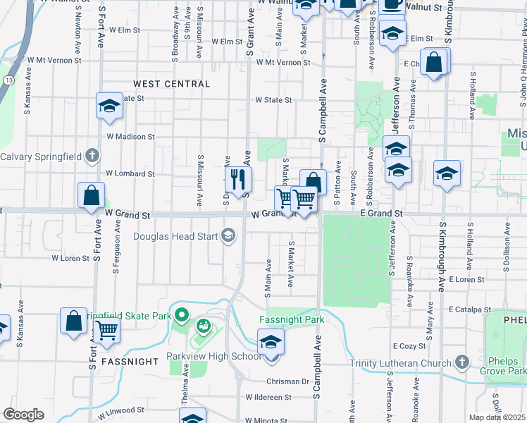 map of restaurants, bars, coffee shops, grocery stores, and more near 618 West Belmont Court in Springfield