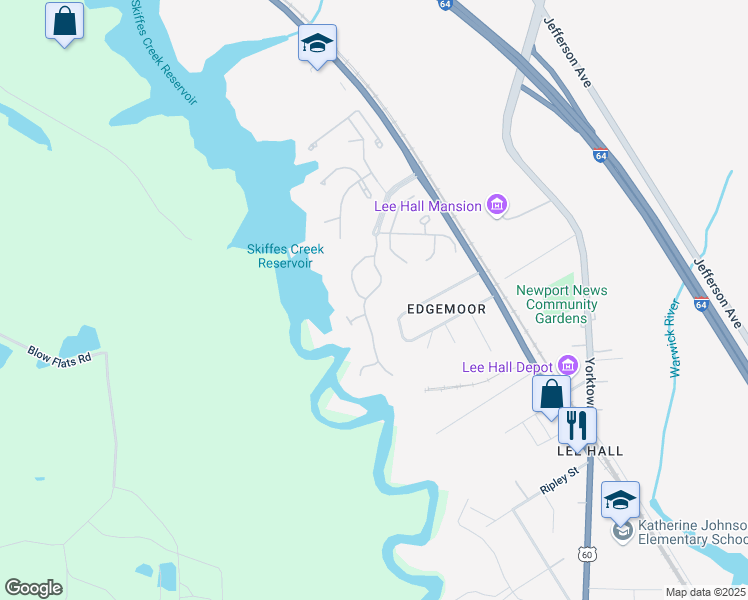 map of restaurants, bars, coffee shops, grocery stores, and more near 106 Creekstone Dr in Newport News