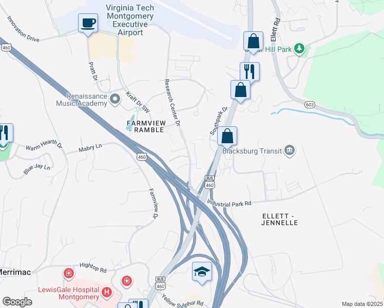 map of restaurants, bars, coffee shops, grocery stores, and more near 2470 Research Center Drive in Blacksburg