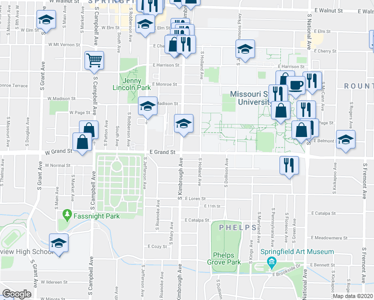 map of restaurants, bars, coffee shops, grocery stores, and more near 613 Grand Street in Springfield