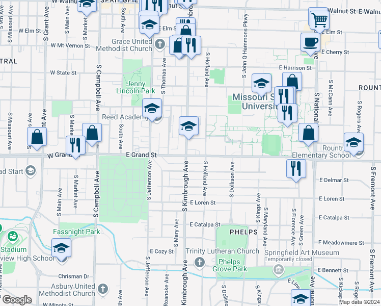 map of restaurants, bars, coffee shops, grocery stores, and more near 613 Grand Street in Springfield