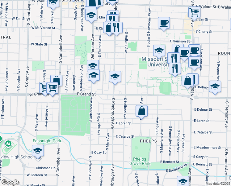 map of restaurants, bars, coffee shops, grocery stores, and more near 613 Grand Street in Springfield