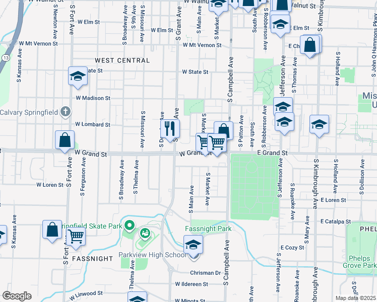 map of restaurants, bars, coffee shops, grocery stores, and more near 618 West Belmont Court in Springfield