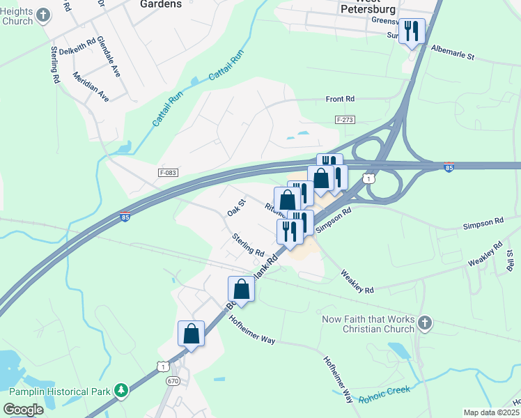 map of restaurants, bars, coffee shops, grocery stores, and more near 25213 Ritchie Avenue in Petersburg