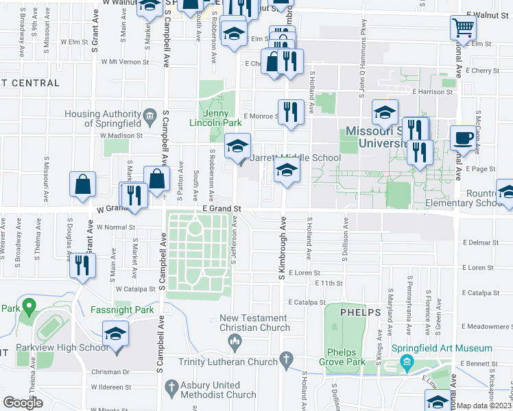 map of restaurants, bars, coffee shops, grocery stores, and more near 437 East Grand Street in Springfield