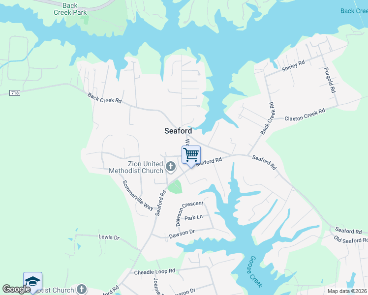 map of restaurants, bars, coffee shops, grocery stores, and more near 117 Woods Road in Seaford