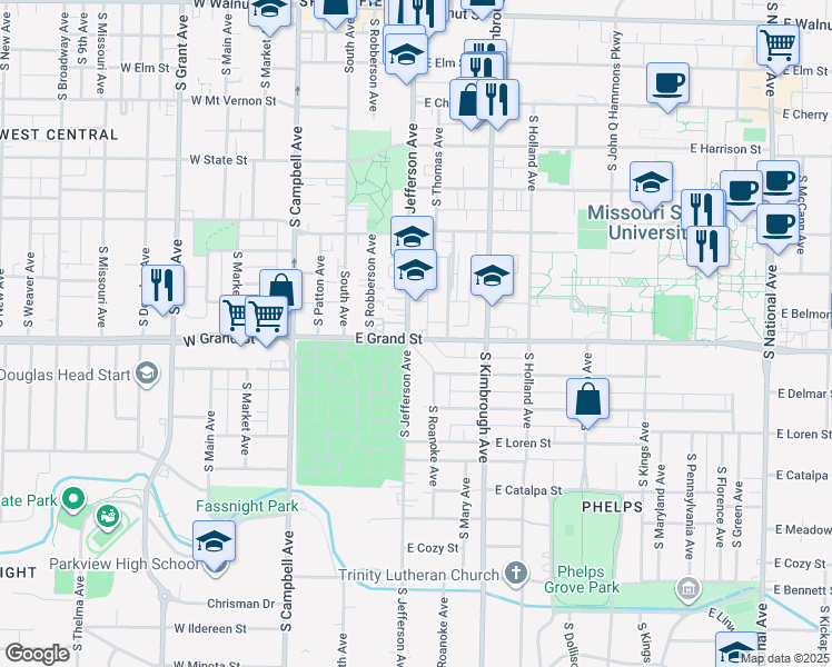 map of restaurants, bars, coffee shops, grocery stores, and more near 948 South Jefferson Avenue in Springfield