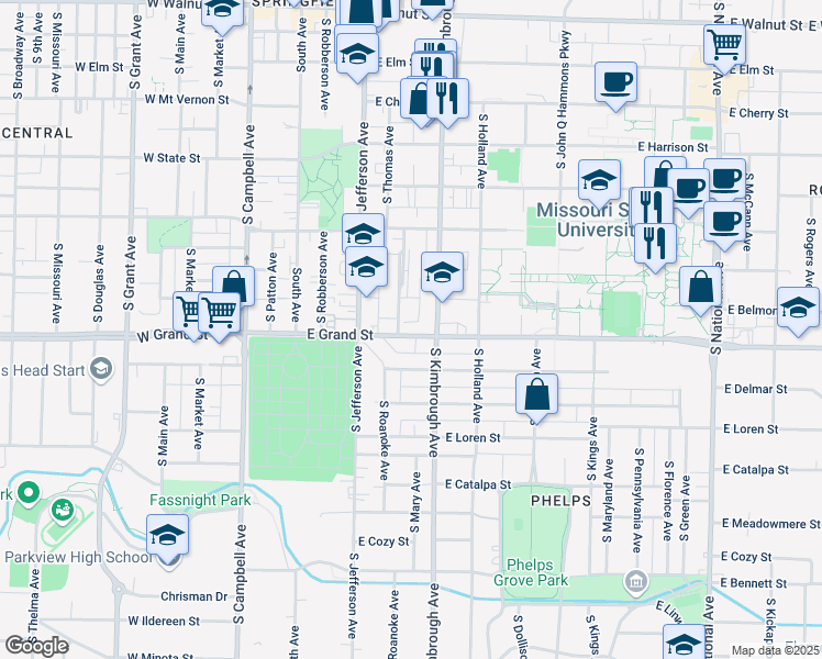map of restaurants, bars, coffee shops, grocery stores, and more near 511 Grand Street in Springfield