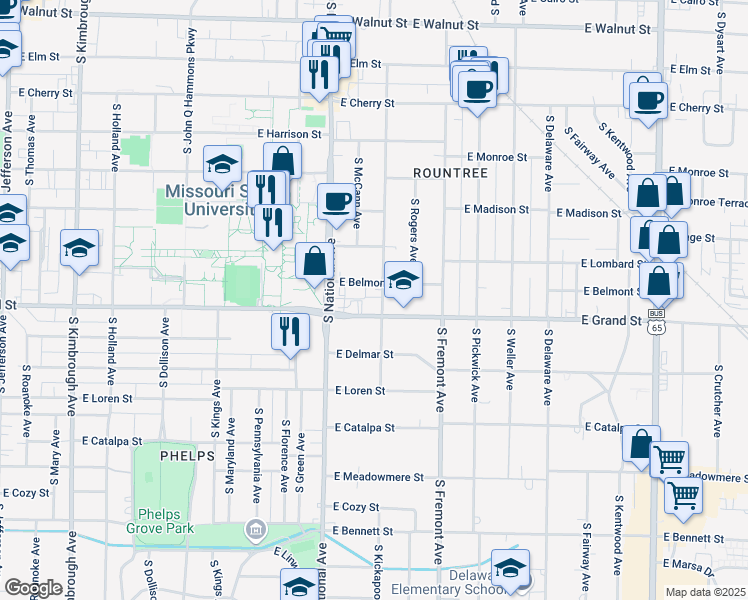 map of restaurants, bars, coffee shops, grocery stores, and more near 949 South Kickapoo Avenue in Springfield
