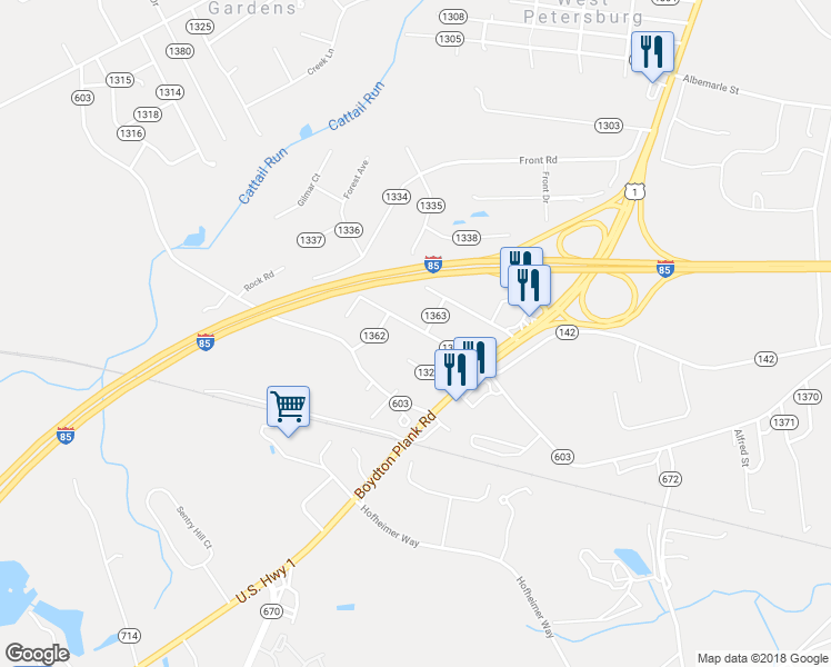 map of restaurants, bars, coffee shops, grocery stores, and more near 25213 Ritchie Avenue in Petersburg
