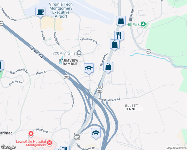 map of restaurants, bars, coffee shops, grocery stores, and more near 200 Southpark Drive in Blacksburg