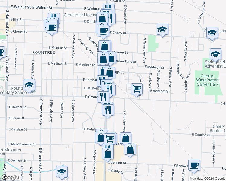map of restaurants, bars, coffee shops, grocery stores, and more near 1825 Grand Street in Springfield