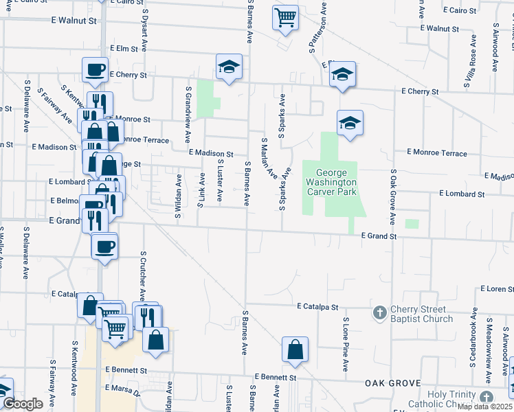 map of restaurants, bars, coffee shops, grocery stores, and more near 928 S Barnes Ave in Springfield