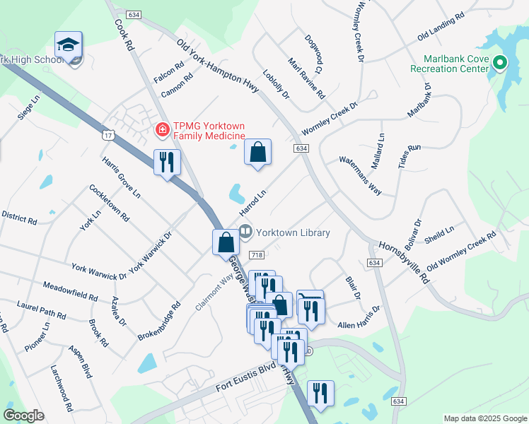 map of restaurants, bars, coffee shops, grocery stores, and more near 116 Jerdone Place in Yorktown