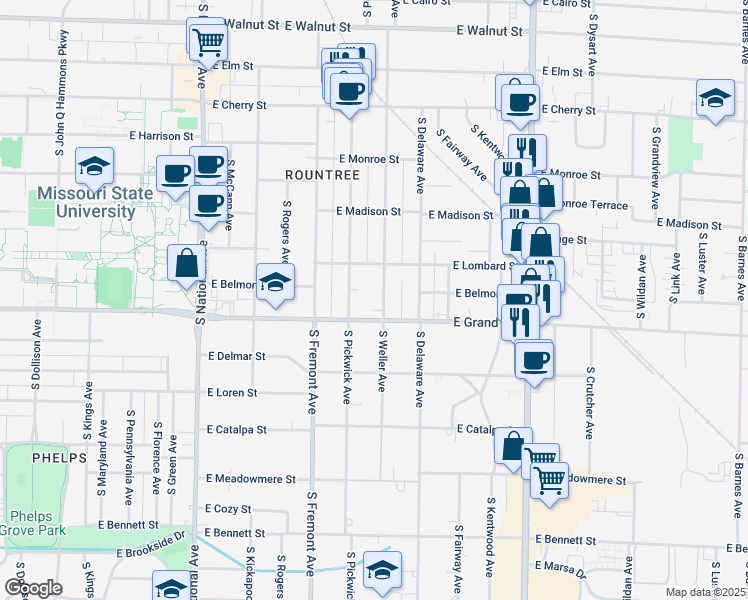 map of restaurants, bars, coffee shops, grocery stores, and more near 941 South Weller Avenue in Springfield