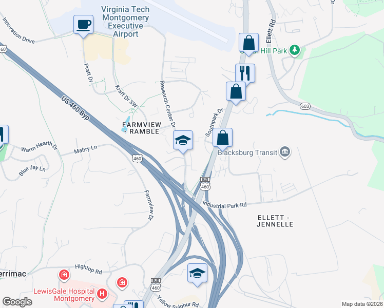 map of restaurants, bars, coffee shops, grocery stores, and more near 200 Southpark Drive in Blacksburg