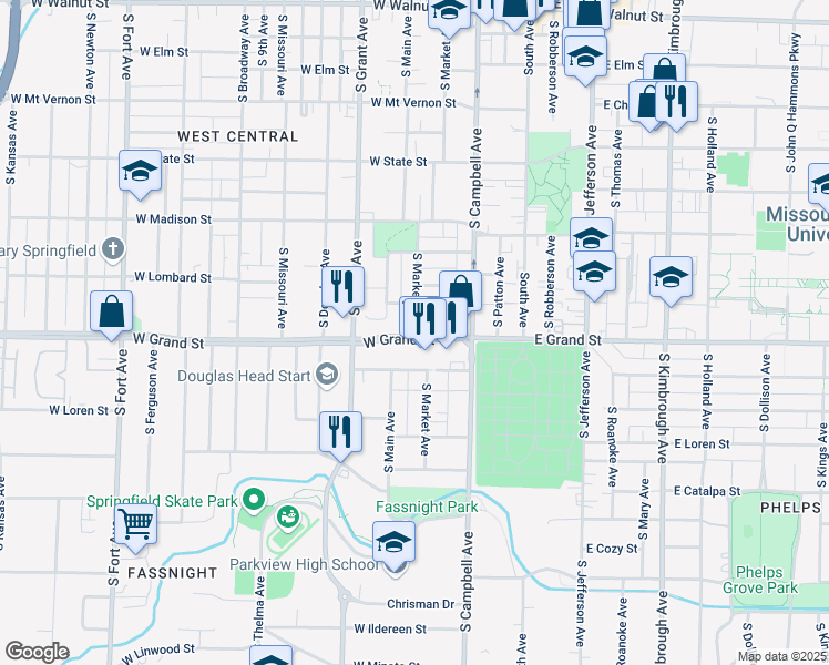 map of restaurants, bars, coffee shops, grocery stores, and more near 505 Grand Street in Springfield