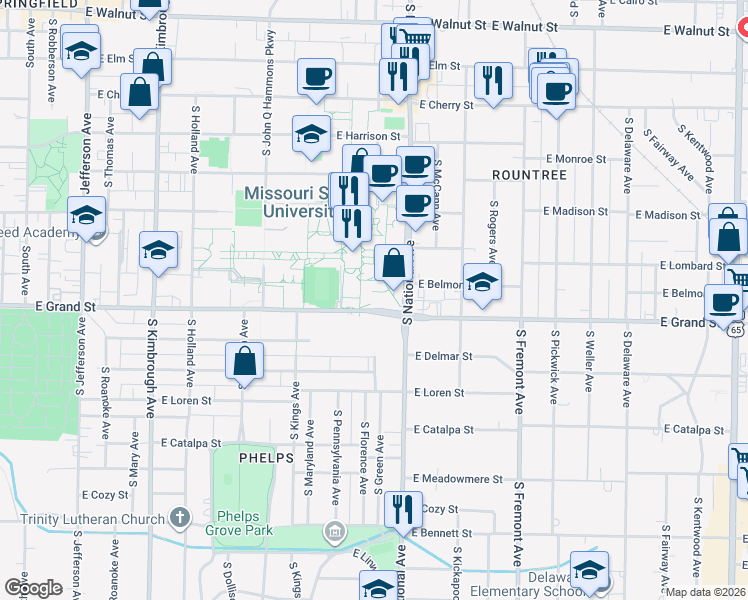 map of restaurants, bars, coffee shops, grocery stores, and more near 1147 Grand Street in Springfield