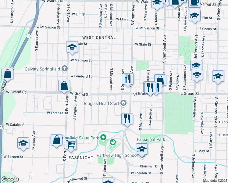 map of restaurants, bars, coffee shops, grocery stores, and more near 952 South Missouri Avenue in Springfield