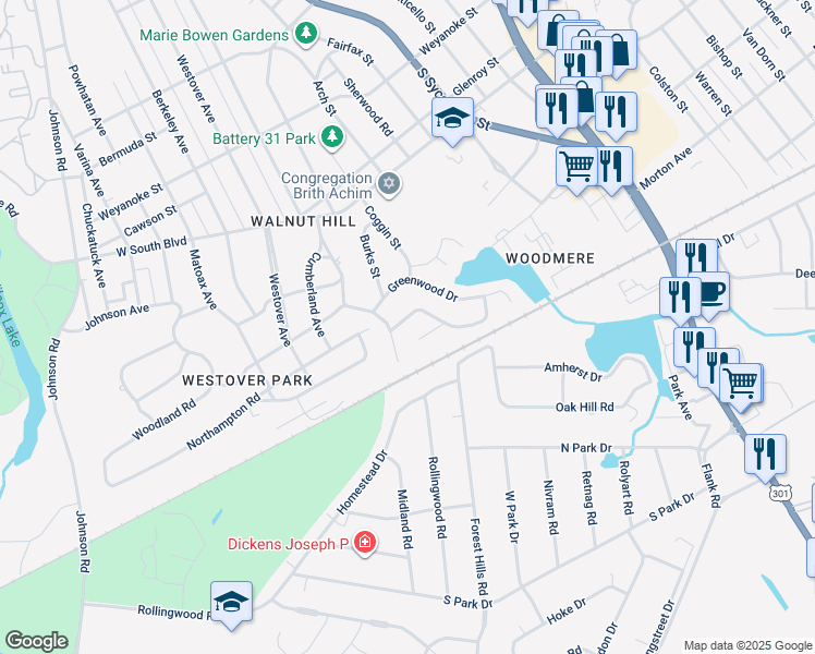 map of restaurants, bars, coffee shops, grocery stores, and more near 434 Beauregard Avenue in Petersburg
