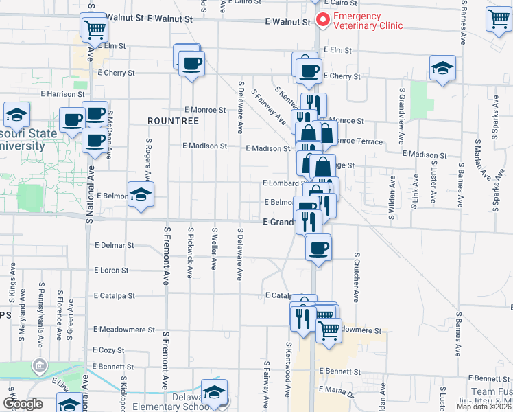 map of restaurants, bars, coffee shops, grocery stores, and more near 1626 East Belmont Street in Springfield