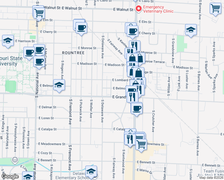 map of restaurants, bars, coffee shops, grocery stores, and more near 1638 East Belmont Street in Springfield