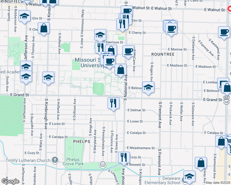 map of restaurants, bars, coffee shops, grocery stores, and more near 1147 Grand Street in Springfield