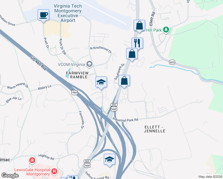 map of restaurants, bars, coffee shops, grocery stores, and more near 200 Southpark Drive in Blacksburg