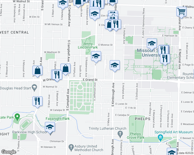 map of restaurants, bars, coffee shops, grocery stores, and more near 942 South Jefferson Avenue in Springfield
