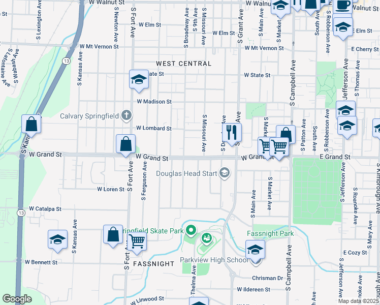 map of restaurants, bars, coffee shops, grocery stores, and more near 929 West Grand Street in Springfield