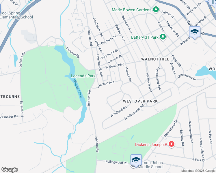 map of restaurants, bars, coffee shops, grocery stores, and more near 1112 Johnson Avenue in Petersburg