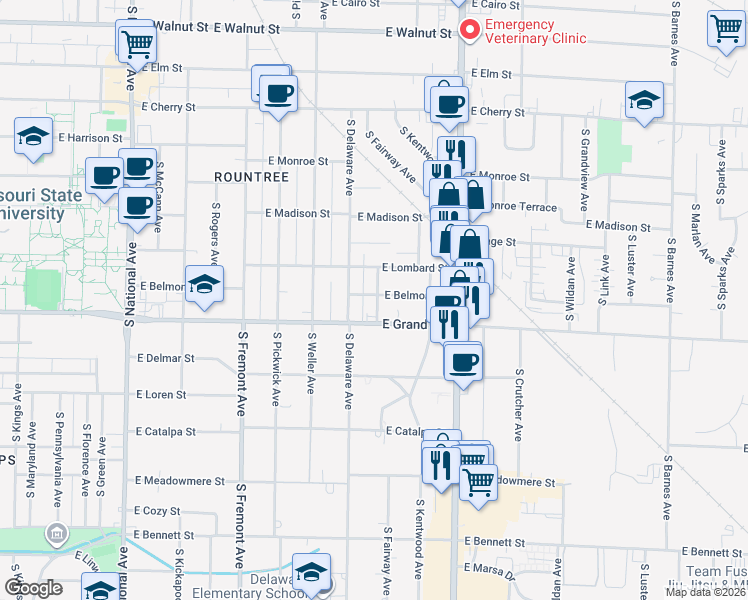 map of restaurants, bars, coffee shops, grocery stores, and more near 1638 East Belmont Street in Springfield