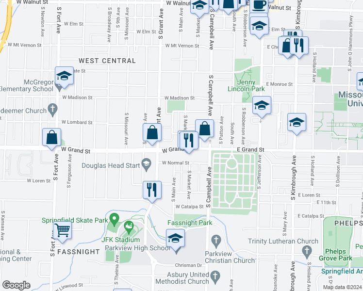 map of restaurants, bars, coffee shops, grocery stores, and more near 503 West Grand Street in Springfield