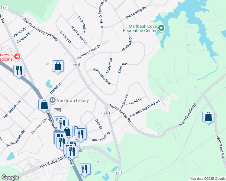 map of restaurants, bars, coffee shops, grocery stores, and more near 121 Tides Run in Yorktown