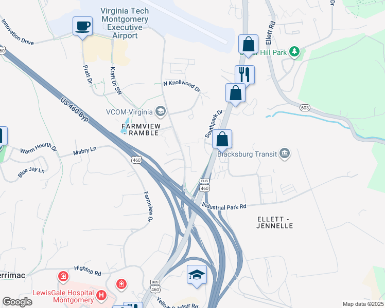 map of restaurants, bars, coffee shops, grocery stores, and more near 200 Southpark Drive in Blacksburg