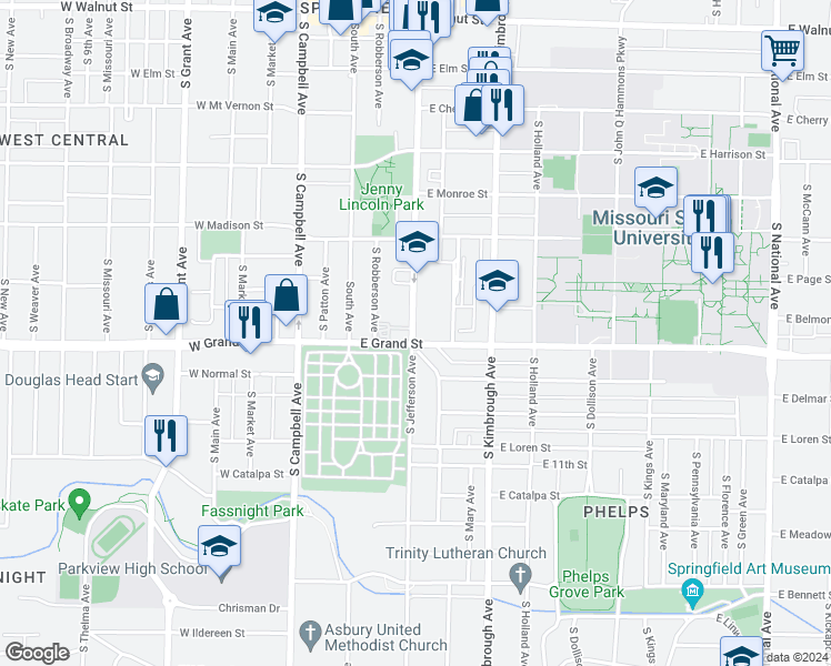 map of restaurants, bars, coffee shops, grocery stores, and more near 948 South Jefferson Avenue in Springfield