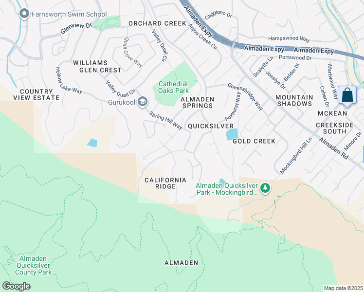 map of restaurants, bars, coffee shops, grocery stores, and more near 1189 Spring Hill Way in San Jose