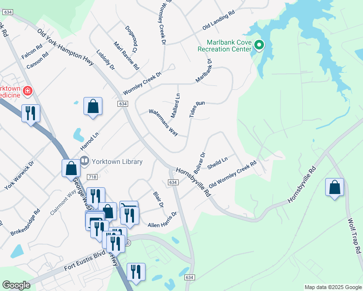 map of restaurants, bars, coffee shops, grocery stores, and more near 121 Tides Run in Yorktown