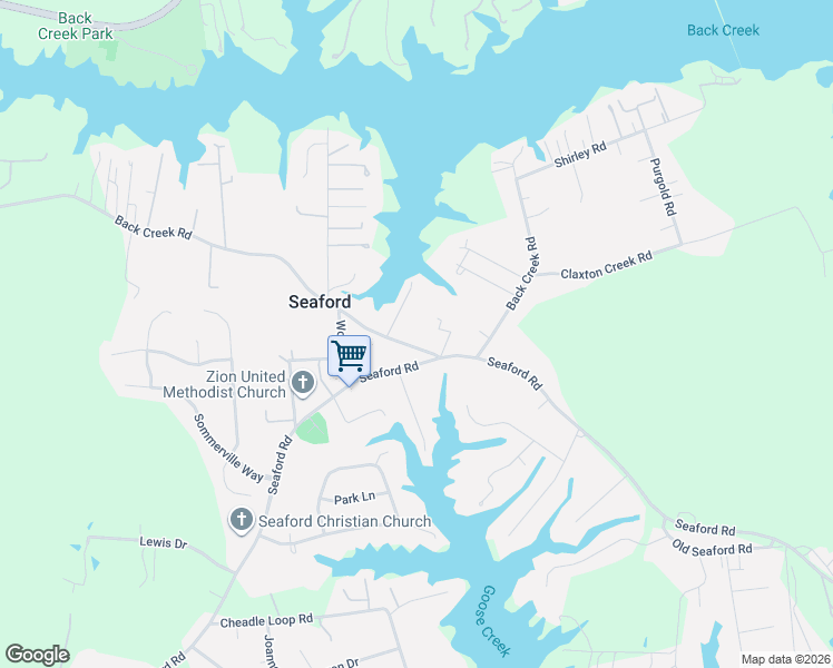 map of restaurants, bars, coffee shops, grocery stores, and more near 1507 Back Creek Road in Seaford