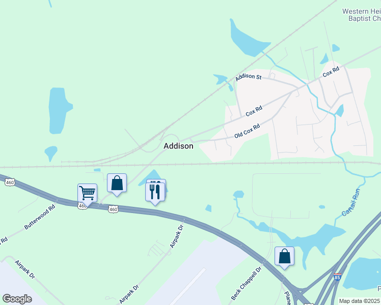 map of restaurants, bars, coffee shops, grocery stores, and more near 23319 Old Cox Road in Petersburg