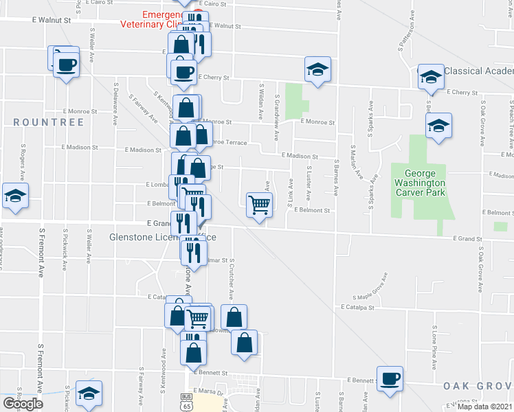 map of restaurants, bars, coffee shops, grocery stores, and more near 933 East Belmont Street in Springfield