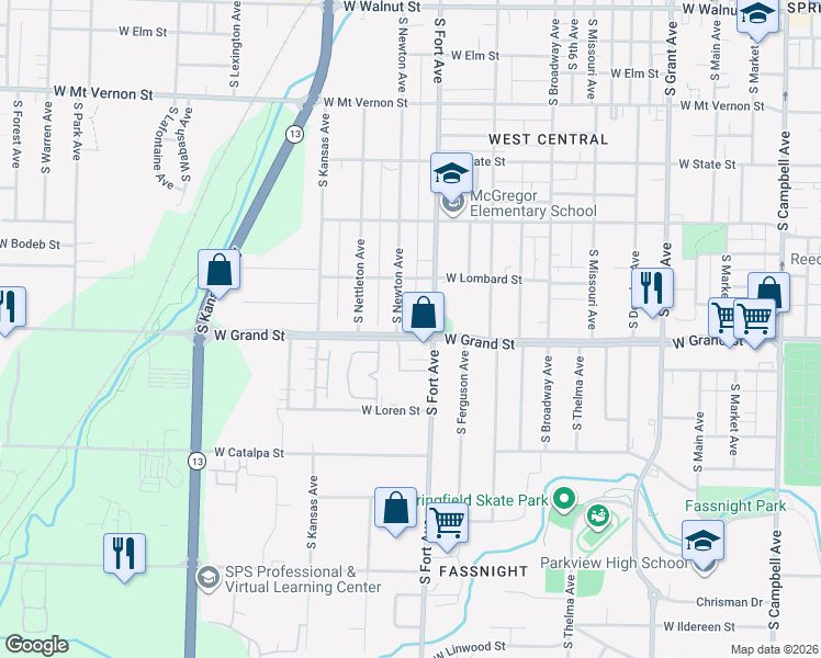 map of restaurants, bars, coffee shops, grocery stores, and more near 1321 Grand Street in Springfield