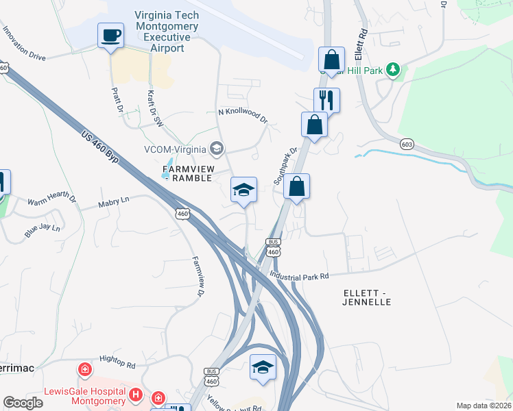 map of restaurants, bars, coffee shops, grocery stores, and more near 200 Southpark Drive in Blacksburg