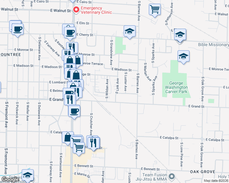 map of restaurants, bars, coffee shops, grocery stores, and more near 933 South Link Avenue in Springfield