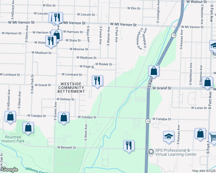 map of restaurants, bars, coffee shops, grocery stores, and more near West Grand Street in Springfield
