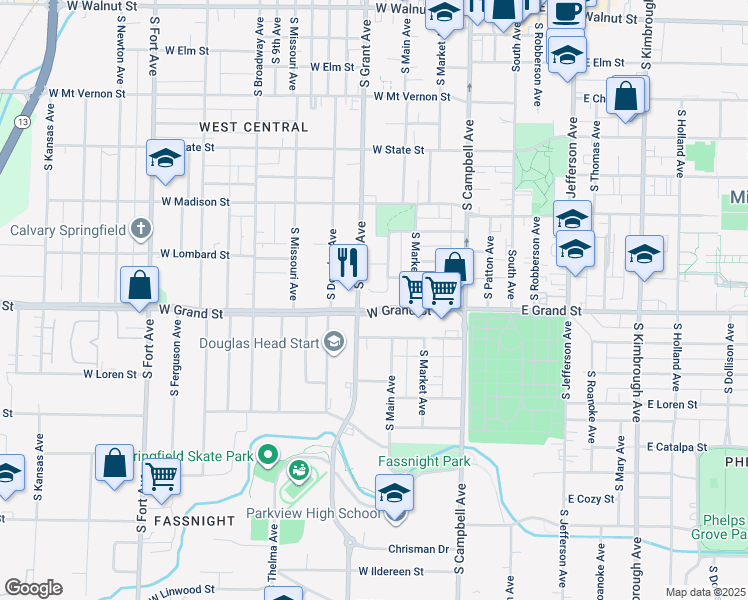 map of restaurants, bars, coffee shops, grocery stores, and more near 618 West Belmont Court in Springfield