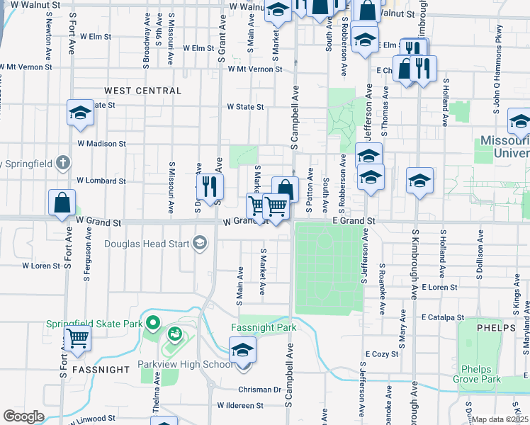 map of restaurants, bars, coffee shops, grocery stores, and more near 455 West Grand Street in Springfield